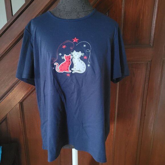 Bonnie Evans Womens 3X Navy T-Shirt With Embroidered Cats Design - Picture 1 of 4